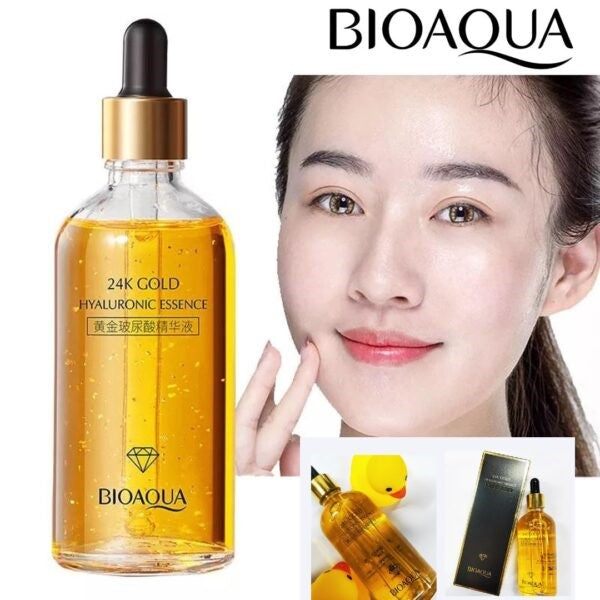 Sérum facial Bioaqua con oro 24K y ácido hialurónico, ideal para hidratar, iluminar y rejuvenecer la piel del rostro.
